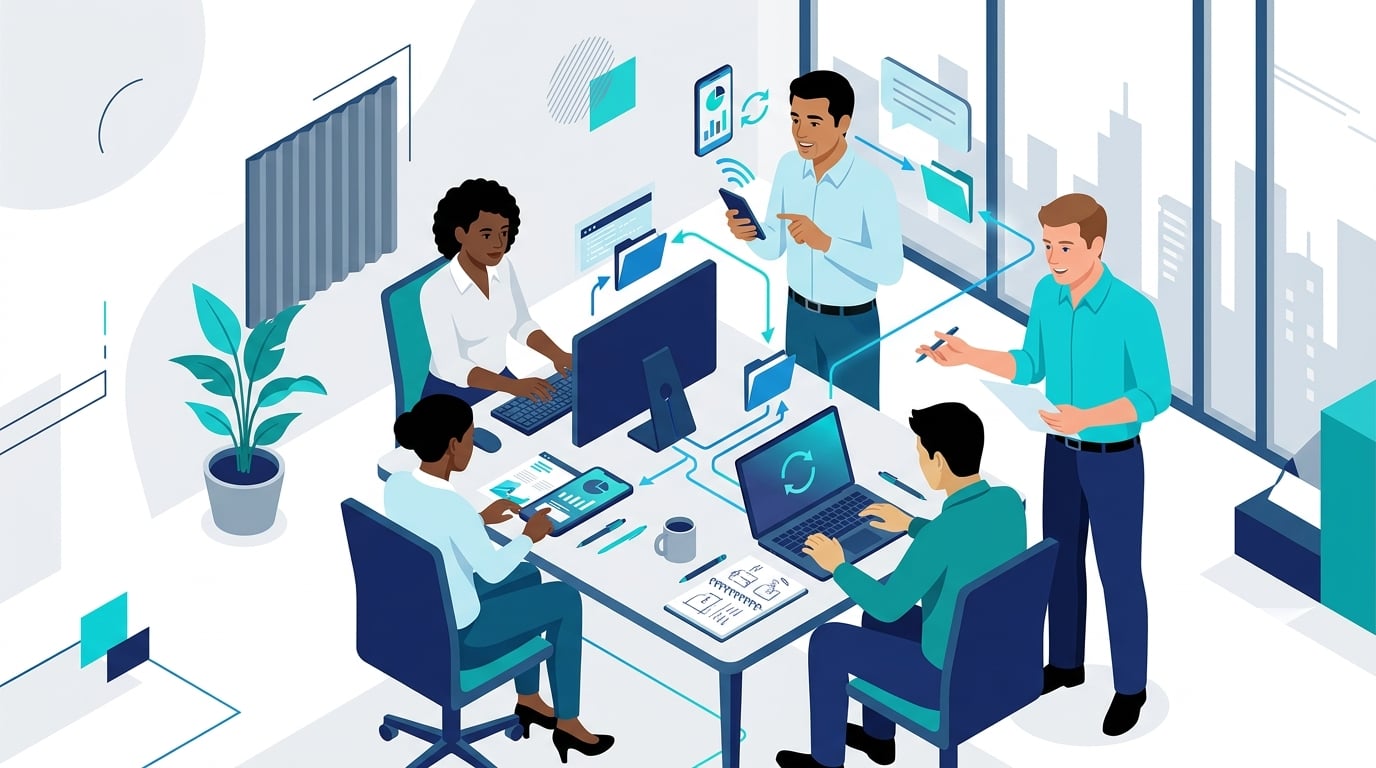 Equipe colaborando em documentos compartilhados na nuvem entre setores e dispositivos